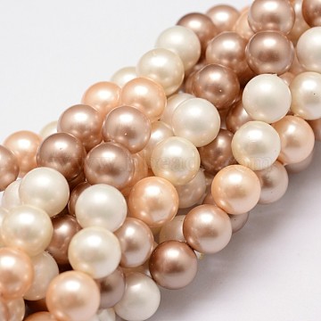 Polished Shell Pearl Bead Strands, Grade A, Round, Mixed Color, 8mm, Hole: 1mm, about 24pcs/strand, 8 inch(20.32cm)(X-BSHE-F013-07B)