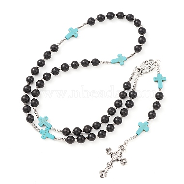 Synthetic Turquoise & Wood Rosary Bead Necklace(NJEW-JN04431)-3