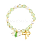 Imitation Pearl Glass & Acrylic Round Beaded Stretch Bracelets, with Alloy Bowknot Charms, Pale Green, Inner Diameter: 2 inch(5cm)(BJEW-JB10083-02)