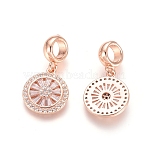 Brass Micro Pave Cubic Zirconia European Dangle Charms, Large Hole Pendants, Cadmium Free & Lead Free, Flat Round, Clear, Rose Gold, 24mm, Flat Round: 15x13x2.5mm, Hole: 5mm(ZIRC-E163-19RG)