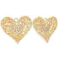 8Pcs Brass Clear Cubic Zirconia Pendants, Heart Charm, Real 18K Gold Plated, 17x18x2mm, Hole: 1.2mm(KK-BBC0006-97)