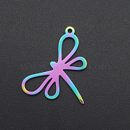 Ion Plating(IP) 201 Stainless Steel Pendants, Dragonfly, Laser Cut, Rainbow Color, 24x21x1mm, Hole: 1.2mm(STAS-R111-JA545)
