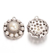 Flat Round Acrylic Pearl Beaded Big Pendants, with Alloy Findings, Antique Silver, Beige, 55x49x2.4mm, Hole: 5mm(OACR-D005-01AS)