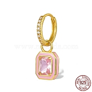 Real 18K Gold Plated 925 Sterling Silver Dangle Hoop Earrings, Rectangle Cubic Zirconia Drop Earrings, Pink, 26x12mm(OL4227-1)