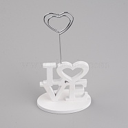 Iron Name Card Holder, Wooden Chassis with Iron Swirl Wire Clip, for Desktop, Party Decoration, Heart & Word Love, White, 76.5x43x155mm(DJEW-WH0033-70)