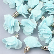 Chiffon Pendants, with CCB Plastic, Flower, Golden, Pale Turquoise, 30~35x25~35mm, Hole: 1.6mm(FIND-S300-05I)