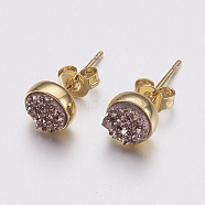 Druzy Resin Stud Earrings, with Brass Findings, Flat Round, Golden, Camel, 7x3mm, Pin: 0.7mm(EJEW-F149C-14)