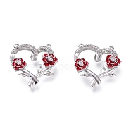 Valentine's Day Theme Brass Micro Pave Clear Cubic Zirconia Pendants, with Red Enamel, Long-Lasting Plated, Heart with Roses, Platinum, 18x17x4.5mm, Hole: 0.7mm(KK-P190-01P)