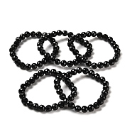 Natural Black Tourmaline Beaded Stretch Bracelets, Faceted Round, Inner Diameter: 2~2-1/8 inch(5.1~5.3cm)(BJEW-K233-01B-03)