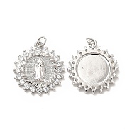 Brass Micro Pave Cubic Zirconia Pendants, with Jump Ring, Flower with Religion Virgin Mary Charm, Platinum, 25.5x23x3mm, Hole: 3.3mm(KK-E068-VB090)