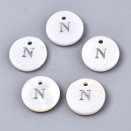 Natural Freshwater Shell Pendants, with Platinum Plated Iron Etched Metal Embellishments, Flat Round with Initial Letter, White, Letter.N, 11x2mm, Hole: 1.5mm(SHEL-Q018-01A-N-P)