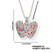 Brass Pave Colorful Cubic Zirconia Letter Pendant Box Chain Necklaces, Platinum, Letter W, 15.75 inch(40cm)(NU0575-44)