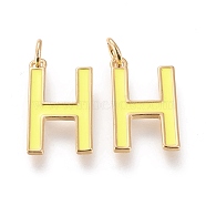 Brass Enamel Pendants, with Jump Ring, Long-Lasting Plated, Real 18K Gold Plated, Letter.H, Champagne Yellow, Letter.H, H: 18x11x1.8mm, Jump Rings: Inner Diameter: 3mm(KK-R139-02H)