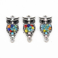 Alloy Links Connectors, with Glass Seed Beads and Rhinestone, Antique Silver, Owl, Colorful, 23x11x4mm, Hole: 2mm(PALLOY-N153-22-RS)
