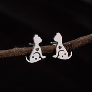 Stainless Steel Small Animal Stud Earrings for Women, Cat Shape, Left and Right, Stainless Steel Color, 60x40mm(PW-WG5B49B-14)