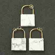 Natural Howlite Pendants, with Golden Plated Brass Findings, Lock, 46.5~47x30x7mm, Hole: 6mm(G-B012-16G-07)