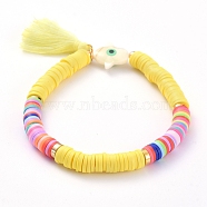 Handmade Polymer Clay Heishi Beads Stretch Bracelets, with Cotton Thread Tassel Pendants and Natural Freshwater Shell Beads, Palm with Evil Eye, Yellow, 2-1/4 inch(5.8cm)(BJEW-JB05079-02)