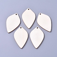 Unfinished Blank Poplar Wood Big Pendants, Undyed, Leaf, for Jewelry Making, Floral White, 58.5x34.9x2.5mm, Hole: 3mm(WOOD-D021-12)
