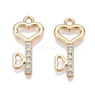 Rack Plating Alloy Pendants, with Rhinestone, Heart Key, Golden, 21.5x10.5x1.5mm, Hole: 1.6mm(FIND-N005-32G)