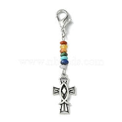 Alloy Enamel Cross Pendant Decorations, Natural & Synthetic Mixed Gemstone and Lobster Claw Clasps Charm, Antique Silver, 66mm, 2pcs/set(HJEW-JM01538-A)