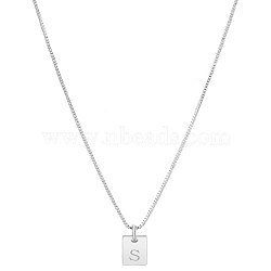 1Pc Stainless Steel Letter Rectangle Pendant Necklaces, Brass Box Chain Necklaces for Women Men, Lead Free & Nickel Free & Cadmium Free, Stainless Steel Color, Letter S, 17.64~18.35 inch(44.8~46.6cm), End Extender: 59~62mm, Pendants: 10x6mm(NJEW-LP0001-34S-P)