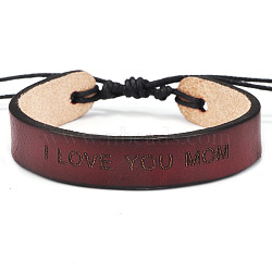 Adjustable Leather Cord Bracelets, for Mothers' Day, Word I Love You Mom, Coconut Brown, 7-1/2 inch(19cm), 13mm(BJEW-P240-C01)