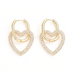 Brass Micro Pave Cubic Zirconia Huggie Hoop Earrings, Long-Lasting Plated, Heart, Clear, 10 Gauge, 37mm, Pin: 0.8mm(EJEW-G274-08G-01)