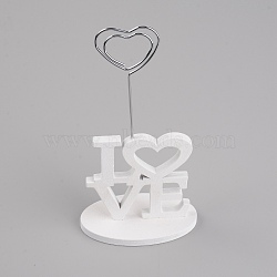 Iron Name Card Holder, Wooden Chassis with Iron Swirl Wire Clip, for Desktop, Party Decoration, Heart & Word Love, White, 76.5x43x155mm(DJEW-WH0033-70)