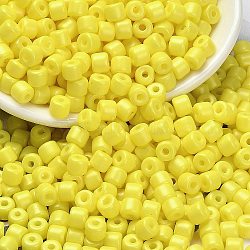 Baking Paint Pearlized Glass Seed Beads, Round Hole, Cylinder, Yellow, 4.5x3.5mm, Hole: 1.2mm, about 5625pcs/pound(SEED-C001-04A-10)