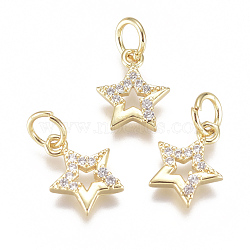 Brass Micro Pave Cubic Zirconia Charms, with Jump Ring, Long-Lasting Plated, Star, Clear, Real 18K Gold Plated, 11x8x2mm, Hole: 3mm(ZIRC-F111-15G)