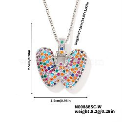 Brass Pave Colorful Cubic Zirconia Letter Pendant Box Chain Necklaces, Platinum, Letter W, 15.75 inch(40cm)(NU0575-44)