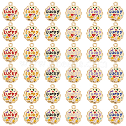 ELITE 36Pcs 6 Colors Alloy Pendants, with Enamel, Light Gold, Flower with Word Lucky, Mixed Color, 16.5x14x2mm, Hole: 1.5mm, 6pcs/colors(ENAM-PH0002-29)