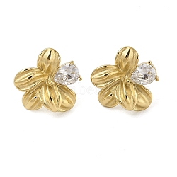 304 Stainless Steel with Clear Cubic Zirconia Stud Earrings for Women, Flower, Golden, 22x23mm(EJEW-G396-02G)