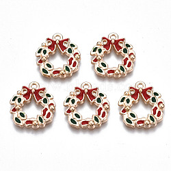 Alloy Enamel Pendants, Cadmium Free & Lead Free, Christmas Wreath with Bowknot, Light Gold, Red, 17x15.5x2.5mm, Hole: 1.6mm(ENAM-Q442-033-RS)
