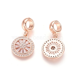 Brass Micro Pave Cubic Zirconia European Dangle Charms, Large Hole Pendants, Flat Round, Clear, Rose Gold, 24mm, Flat Round: 15x13x2.5mm, Hole: 5mm(ZIRC-E163-19RG)