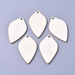 Unfinished Blank Poplar Wood Big Pendants, Undyed, Leaf, for Jewelry Making, Floral White, 58.5x34.9x2.5mm, Hole: 3mm(WOOD-D021-12)