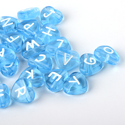 Transparent Acrylic Heart Horizontal Hole Letter Beads, Dodger Blue, 10.5x11.5x4.5mm, Hole: 2mm, about 1300pcs/500g(TACR-Q101-01F)