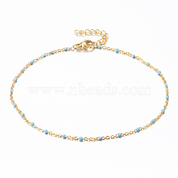 Ion Plating(IP) 304 Stainless Steel Cable Chain Anklets, with Enamel Links, Golden, Sky Blue, 9 inch(230mm), 1.5mm(AJEW-K018-01F)