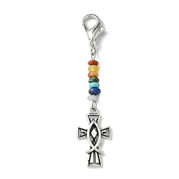 Alloy Enamel Cross Pendant Decorations, Natural & Synthetic Mixed Gemstone and Lobster Claw Clasps Charm, Antique Silver, 66mm, 2pcs/set