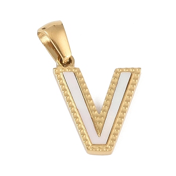 Natural White Shell Alphabet Pendants, Ion Plating(IP) Real 18K Gold Plated 304 Stainless Steel Charms, Letter V, 17x13.5x1.5mm, Hole: 5x3mm