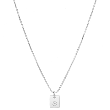 1Pc Stainless Steel Letter Rectangle Pendant Necklaces, Brass Box Chain Necklaces for Women Men, Lead Free & Nickel Free & Cadmium Free, Stainless Steel Color, Letter S, 17.64~18.35 inch(44.8~46.6cm), End Extender: 59~62mm, Pendants: 10x6mm