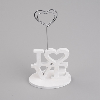 Iron Name Card Holder, Wooden Chassis with Iron Swirl Wire Clip, for Desktop, Party Decoration, Heart & Word Love, White, 76.5x43x155mm