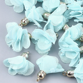 Chiffon Pendants, with CCB Plastic, Flower, Golden, Pale Turquoise, 30~35x25~35mm, Hole: 1.6mm