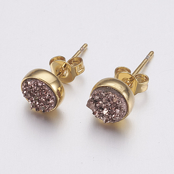 Druzy Resin Stud Earrings, with Brass Findings, Flat Round, Golden, Camel, 7x3mm, Pin: 0.7mm