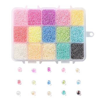 375G 15 Colors 12/0 Grade A Round Glass Seed Beads, Transparent Inside Colours, Luster Plated, Mixed Color, 2.3x1.5mm, Hole: 1mm, 25g/color, about 40000pcs/box