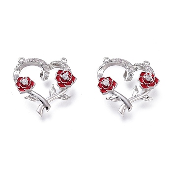 Valentine's Day Theme Brass Micro Pave Clear Cubic Zirconia Pendants, with Red Enamel, Long-Lasting Plated, Heart with Roses, Platinum, 18x17x4.5mm, Hole: 0.7mm