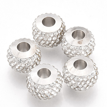 Polymer Clay Rhinestones European Beads, Large Hole Beads, with Platinum Plated Brass Single Cores, Rondelle, Crystal, 11x8mm, Hole: 4.5mm