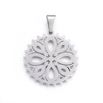 Non-Tarnish 304 Stainless Steel Pendants, Flat Round with Flower, Stainless Steel Color, 39x37x1.2mm, Hole: 10x5mm