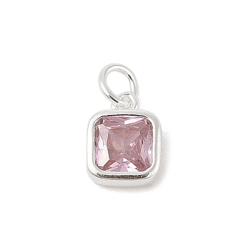 925 Sterling Silver Pave Cubic Zirconia Square Charms with Jump Rings and 925 Stamp, Silver Color Plated, Pink, 8.5x6.5x3.5mm, Hole: 2.5mm