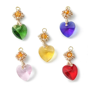 Glass Pendants, with 304 Stainless Steel Jump Rings, Heart Charms, Mixed Color, 29x14x7mm, Hole: 2mm